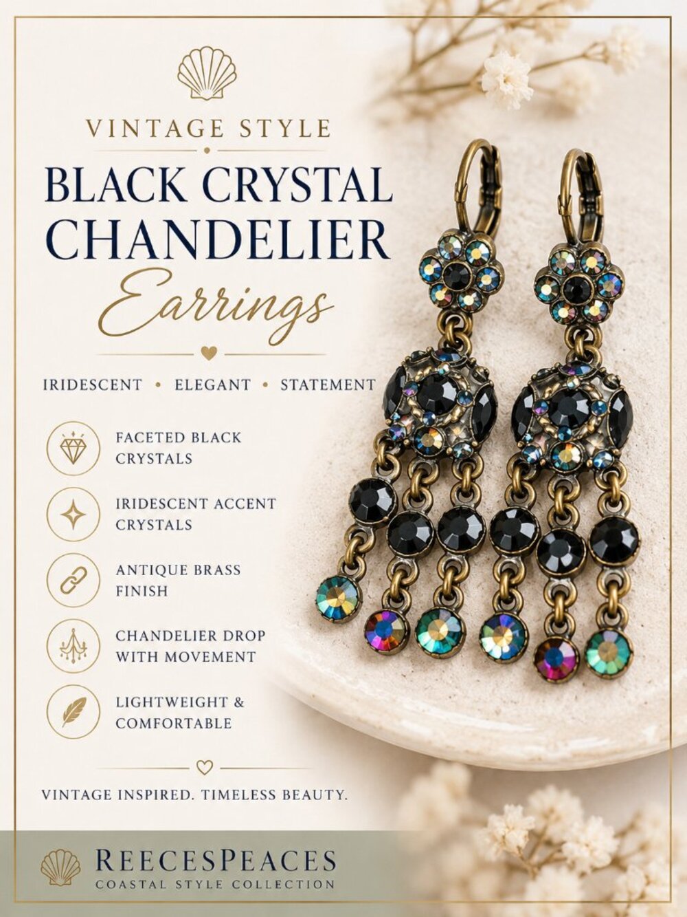 Black Iridescent Crystal Chandelier Earrings | Vintage Style Statement